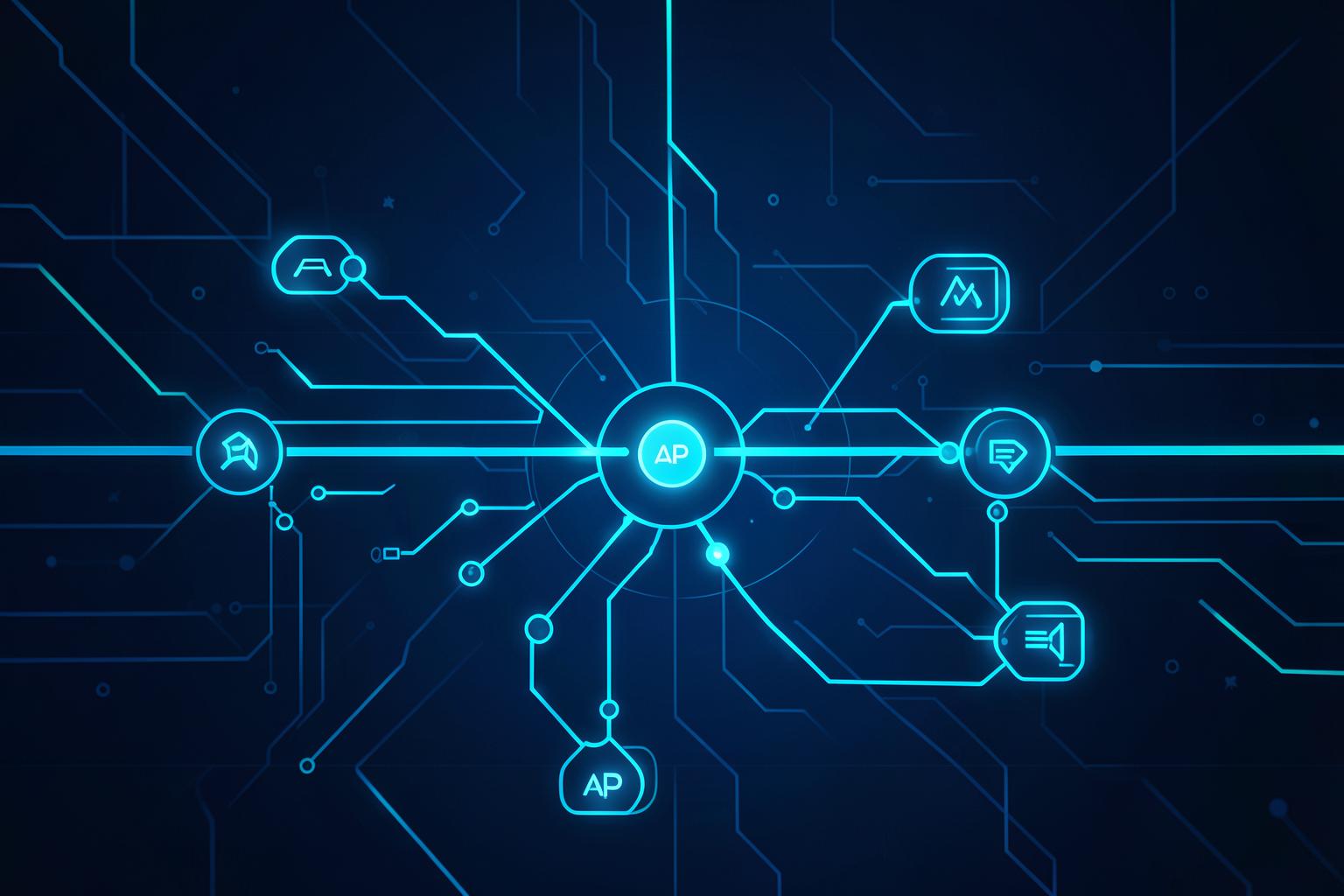 Ilustração de APIs e integrações conectando sistemas e dados