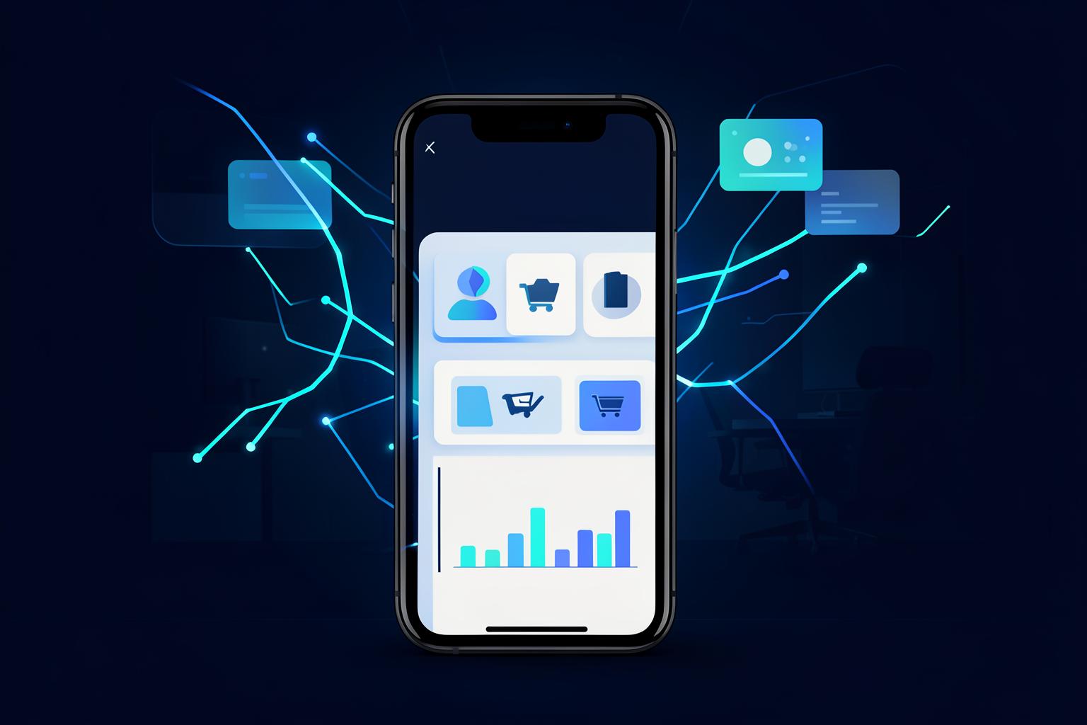Smartphone exibindo app de vendas com catálogo, pedidos e dashboard comercial